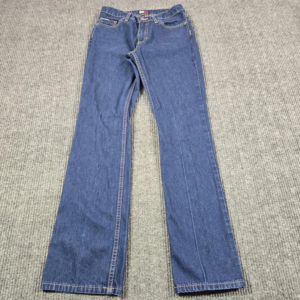 VTG Y2K Tommy Jeans Size 5 Blue Medium Wash Hipster Flare 100% Cotton Flag Patch - Picture 3 of 13